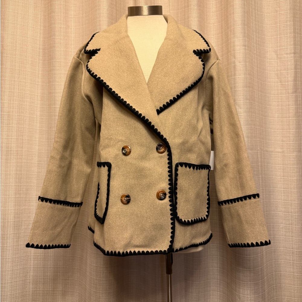 Elegant Tan Pea Coat with Black Detailing